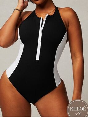 NEW Fabletics High Tide Zip-Front One-Piece Swimsuit Size Medium Black White